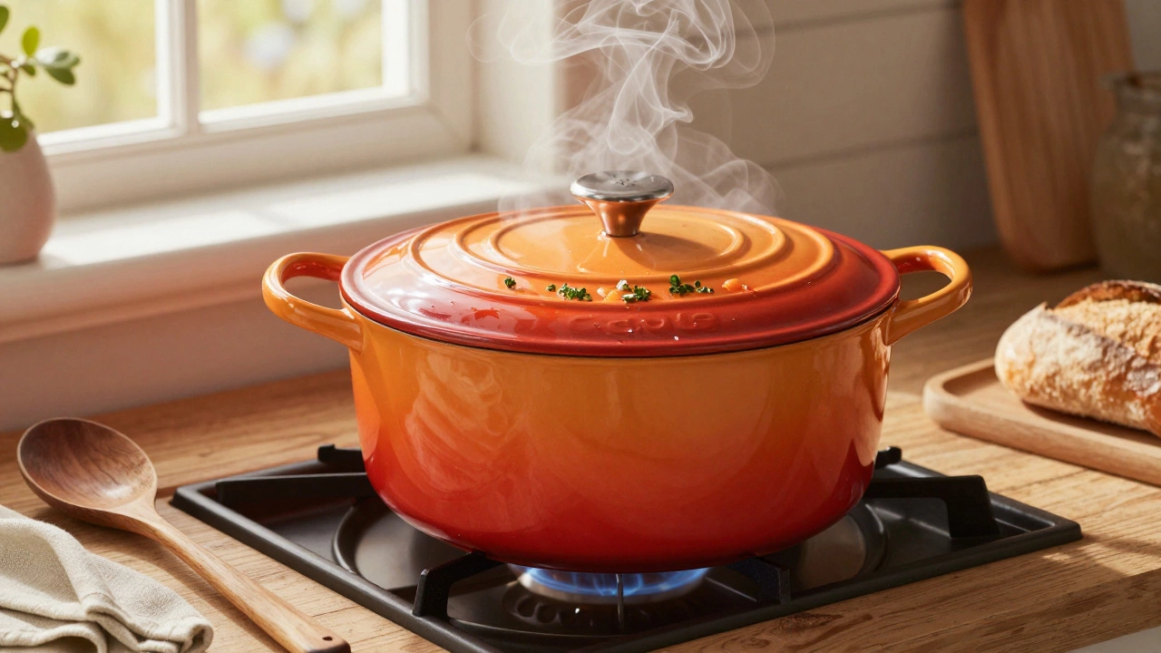 A vibrant Le Creuset Dutch oven simmering stew on a stove, with wooden utensils and bread nearby.