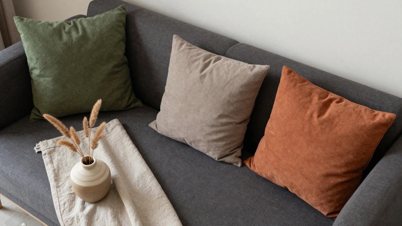 Aerial view of three asymmetrically placed cushions in moss green, slate taupe, and terracotta on a charcoal sofa.