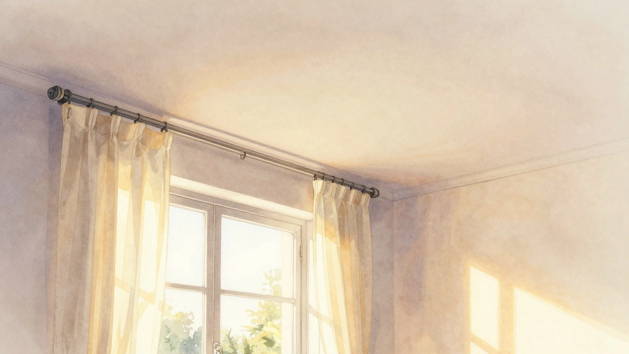 Ceiling-mounted curtains creating height illusion in a low-ceiling apartment with natural light.