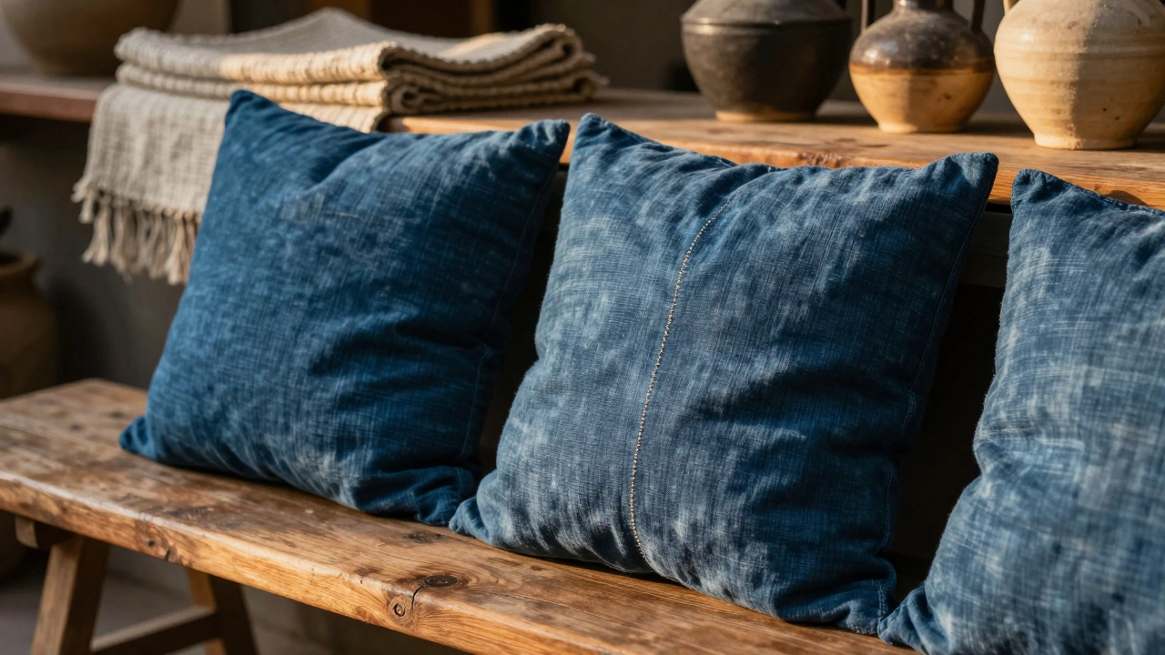 Close-up of hand-loomed indigo cushions with uneven dye and visible stitching on a wooden bench.
