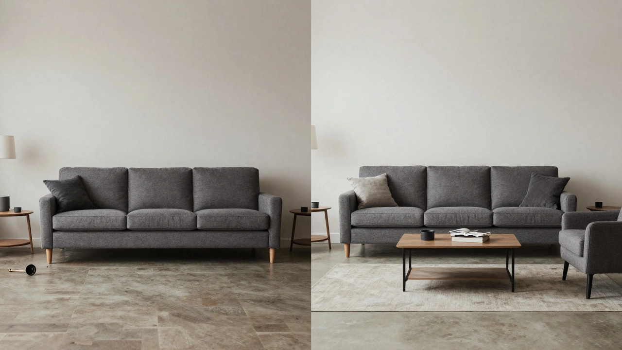 Contrasting two living rooms: one cramped with a large sofa, the other spacious with an optimally sized three-seater.