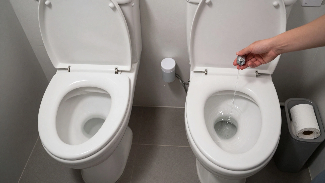 Empty shared bathroom with dual-flush toilet and touchless faucet.