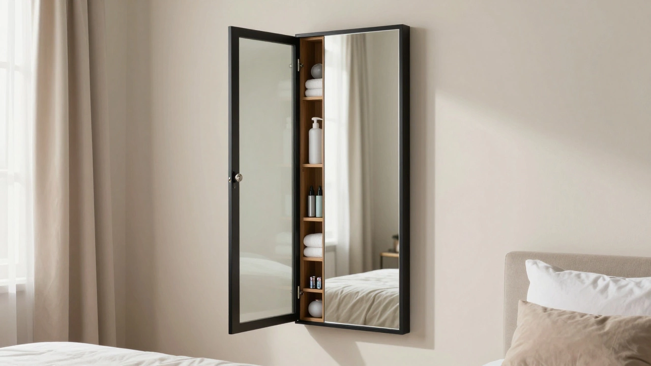 Full-length mirror opening to reveal hidden storage for towels and toiletries, blending into bedroom decor.