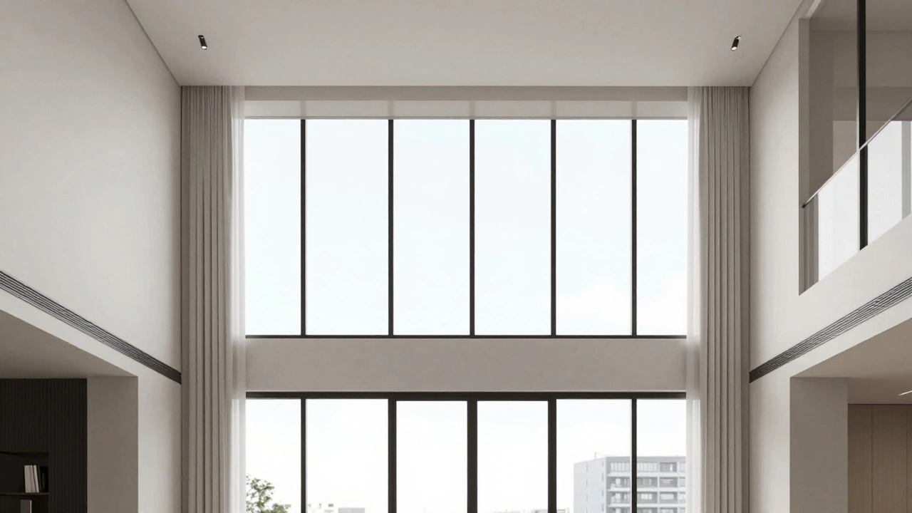 High-ceiling room with window-mounted curtains preserving architectural details and balanced proportions.