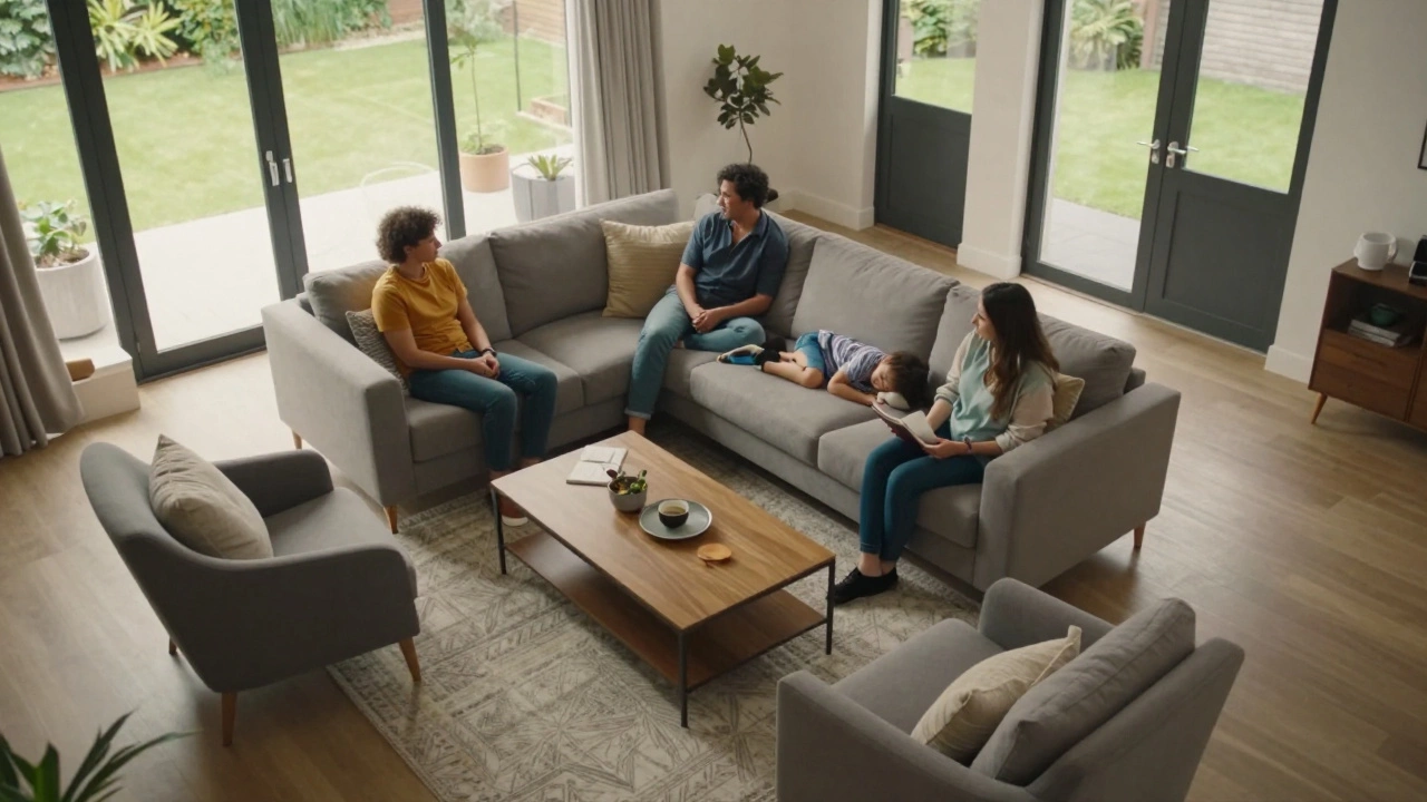 Overhead view of a well-balanced living room with a three-seater sofa and family members seated comfortably around it.