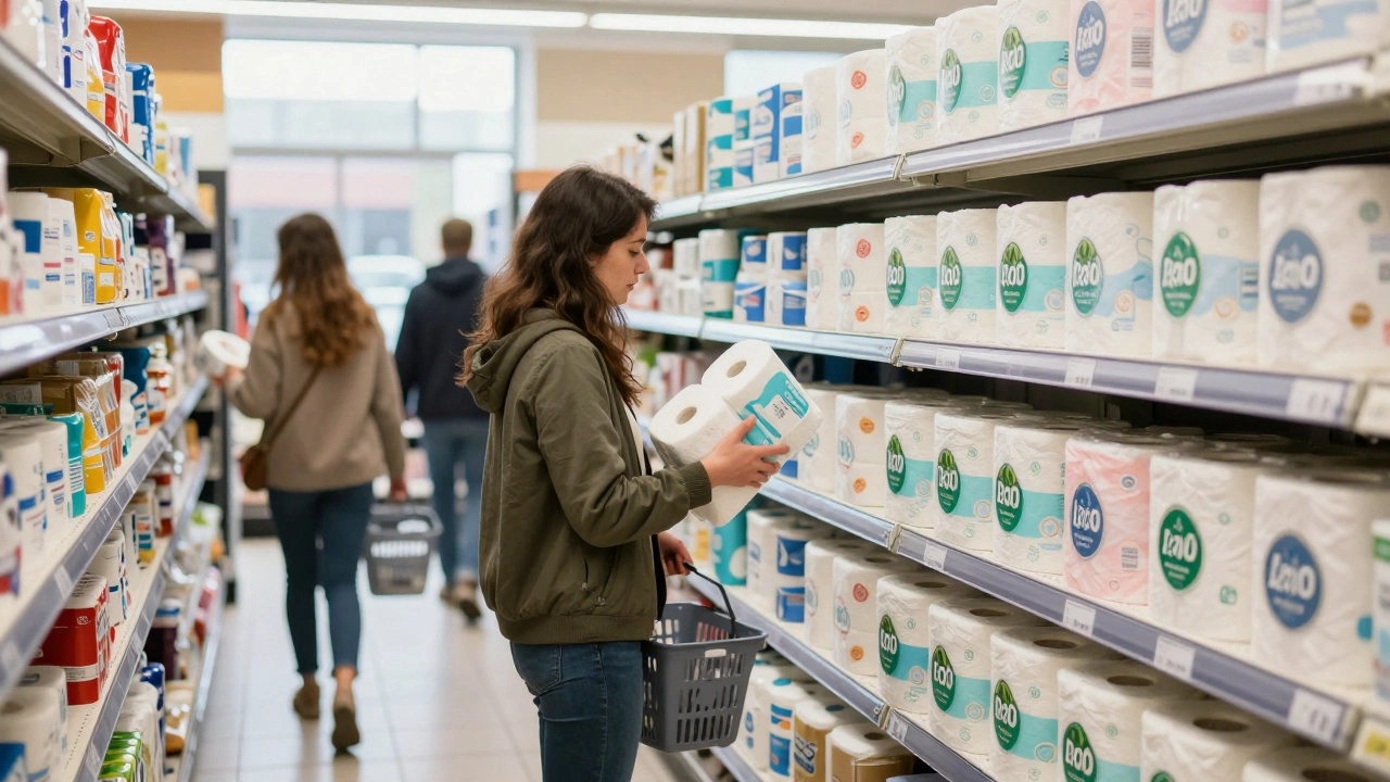 Supermarket shelves filled with toilet paper products labeled 'Loo Roll' in the UK.