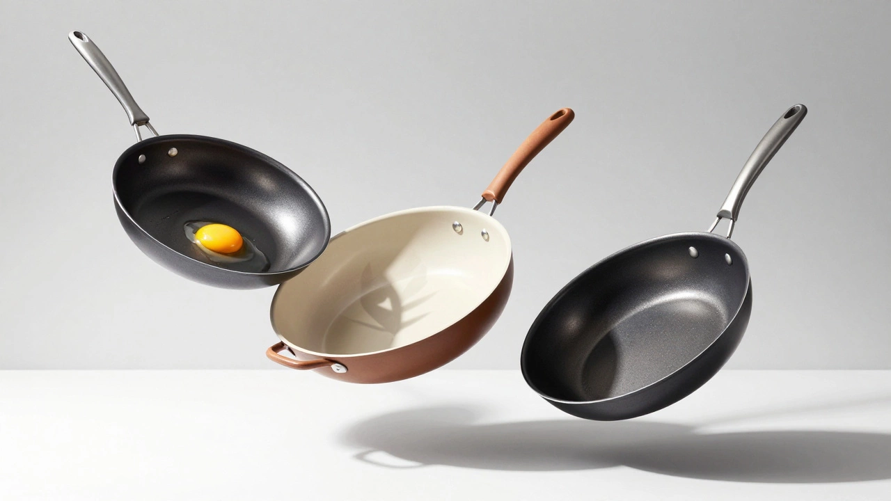 Three eco-friendly cookware pieces floating: nonstick, ceramic, and carbon steel, each showcasing their unique surface.