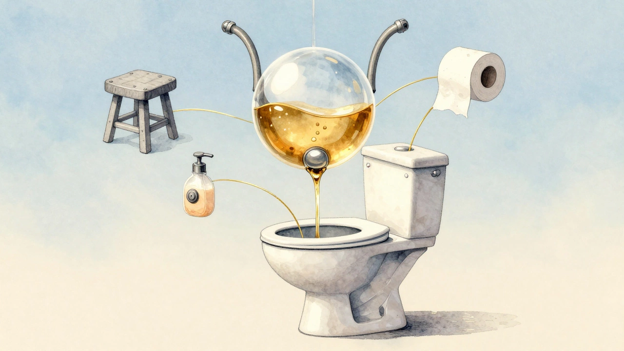 Translucent bladder draining into toilet with symbolic hygiene accessories.