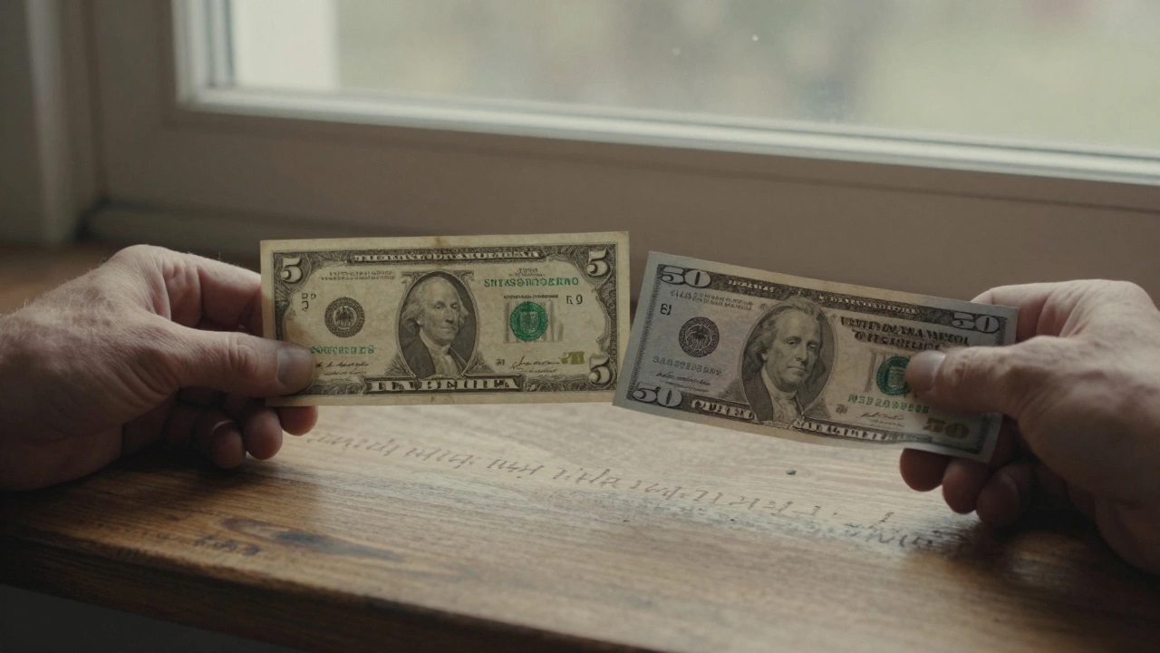 Weathered hands placing a historic  bill next to a modern  bill on wood.