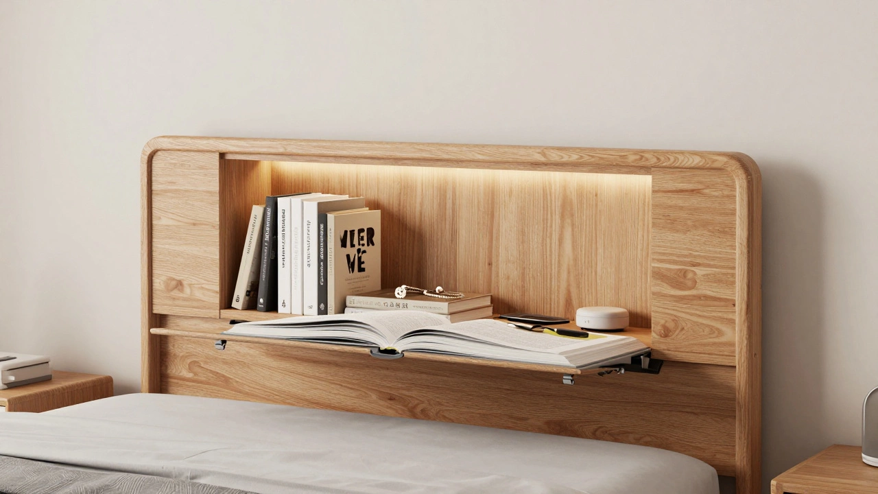Wooden headboard with hidden hinged compartment lit by LED strips, holding books and jewelry.