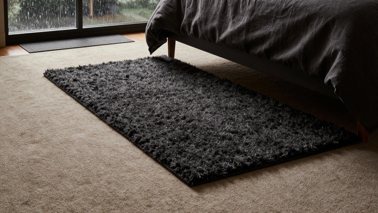A charcoal shag rug under a bed on a light carpet, showing texture and practical layering in a bedroom.