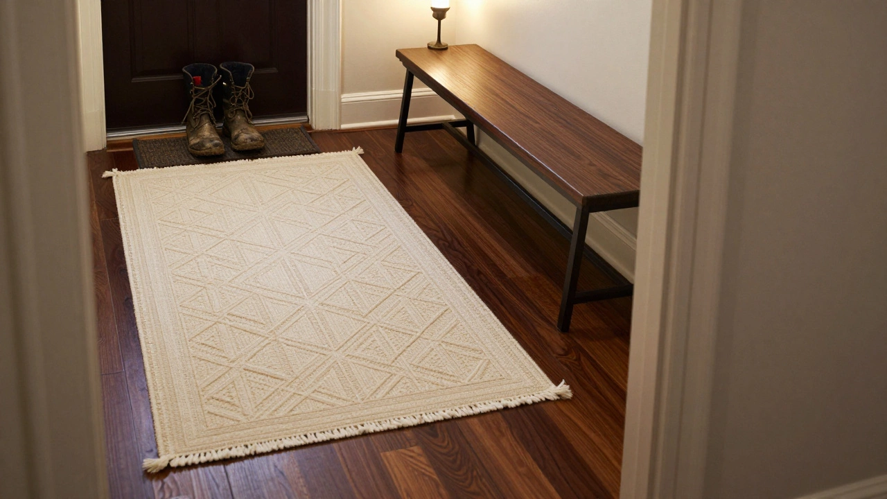 A cream rug at the entrance over a dark walnut carpet, inviting and grounding the space.