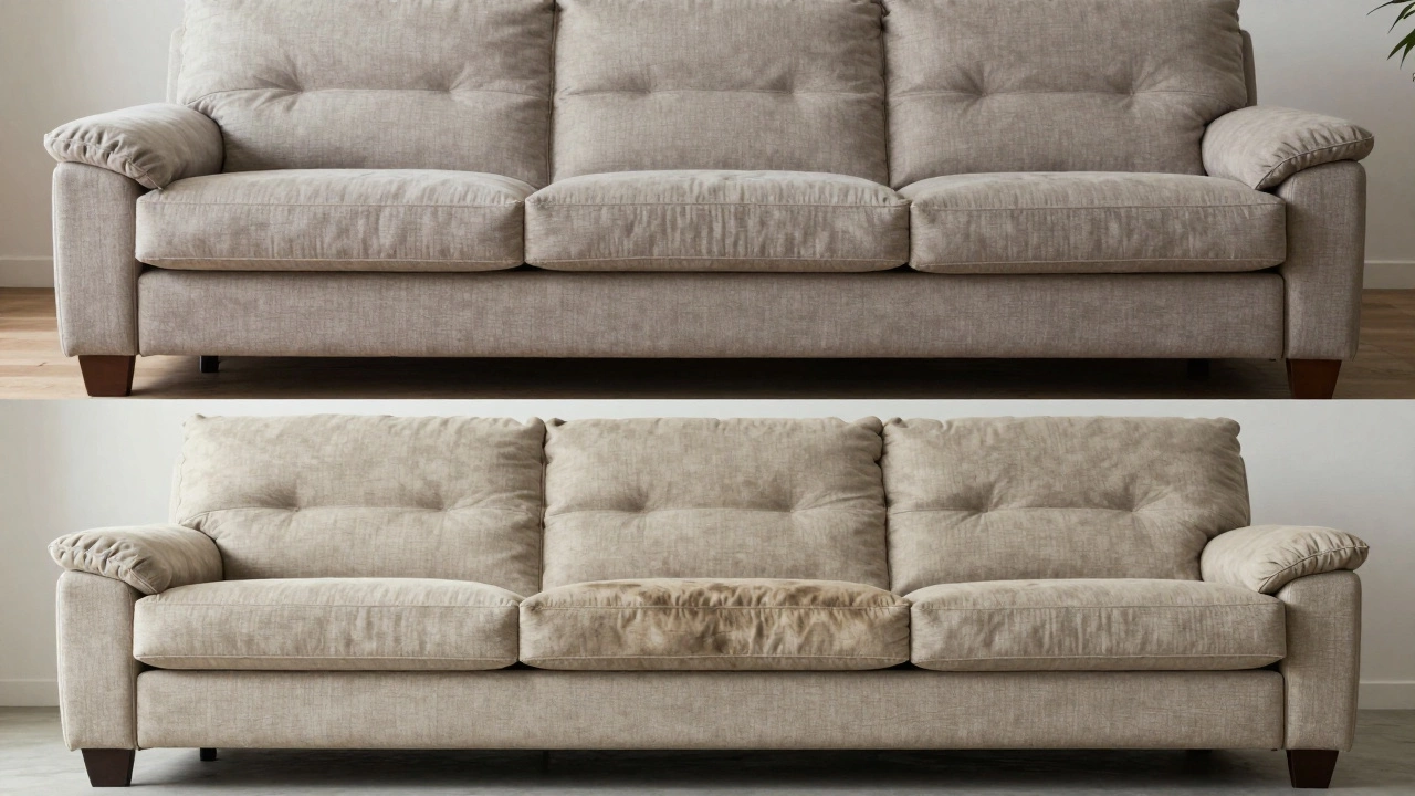 A decade-old Lazy Boy sofa sags and stains while a FlexSteel sofa remains pristine, showing long-term wear comparison.