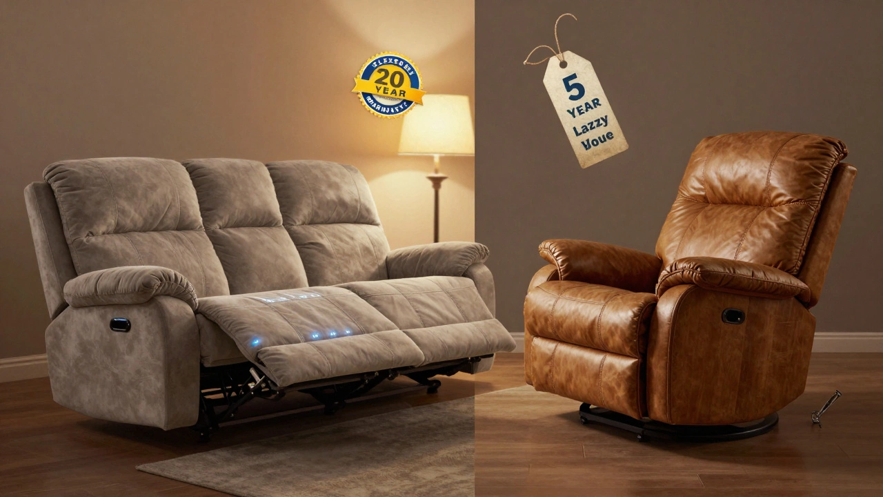 A FlexSteel recliner operates smoothly beside a creaking Lazy Boy, with warranty labels highlighting long-term durability.