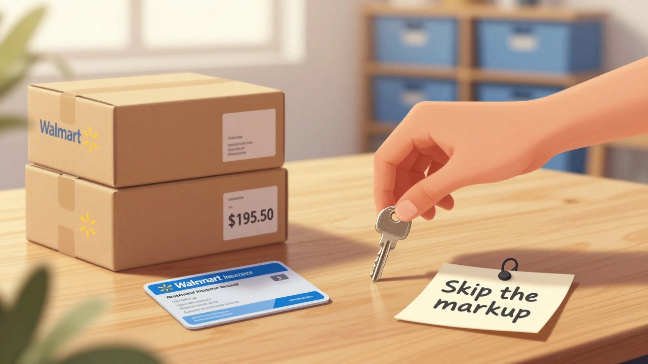 A hand placing a key next to affordable supplies and insurance papers, with a distant storage facility and high cost tag.