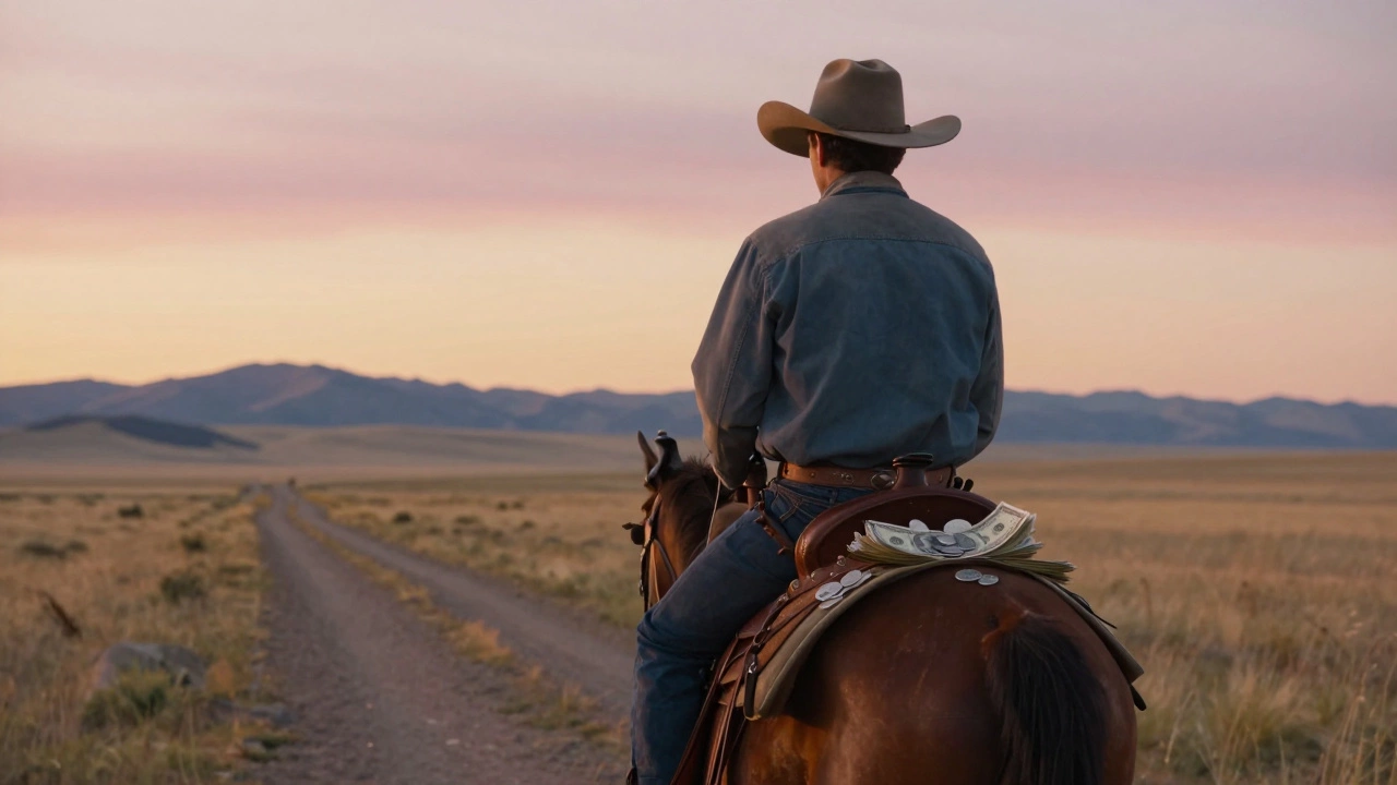 A lone cowboy rides across a prairie at dawn, cash hidden in his hat and saddlebag.