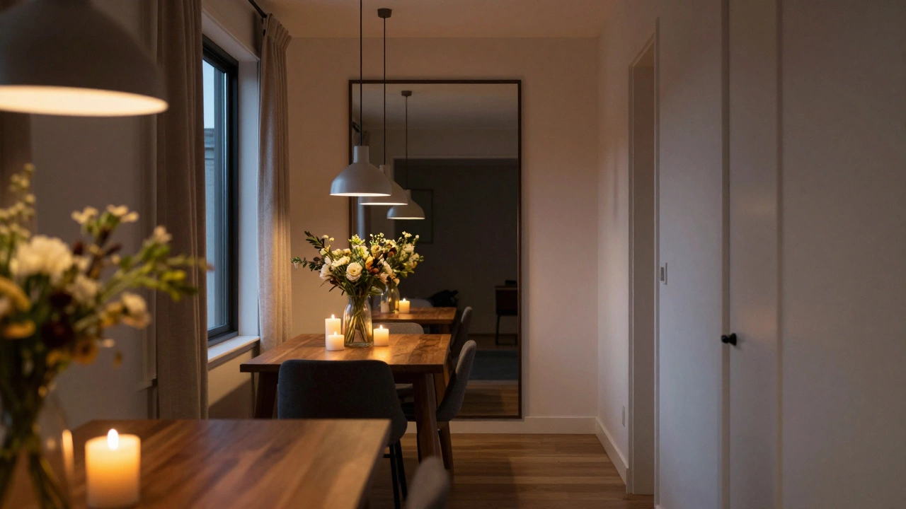 A mirror behind a dining table reflects candles and flowers, creating depth in a narrow hallway with soft twilight lighting.