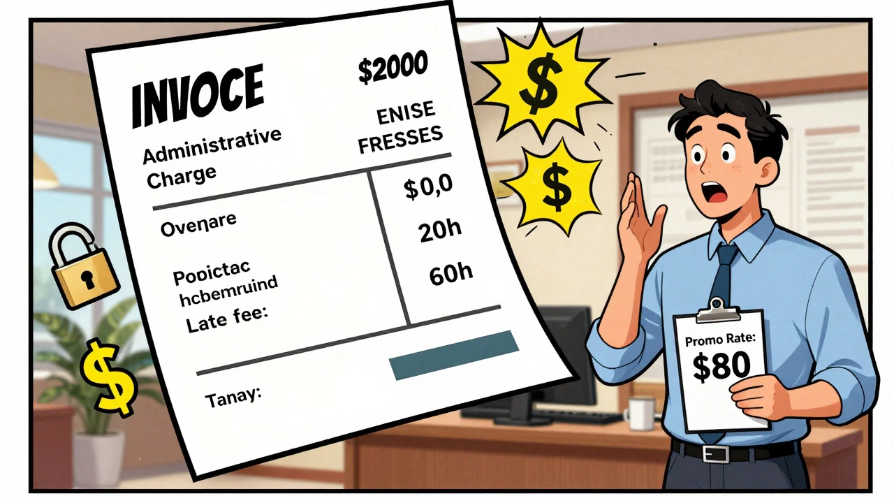 A shocked customer facing a floating invoice with exploding fees while a facility manager smiles nearby in comic book style.