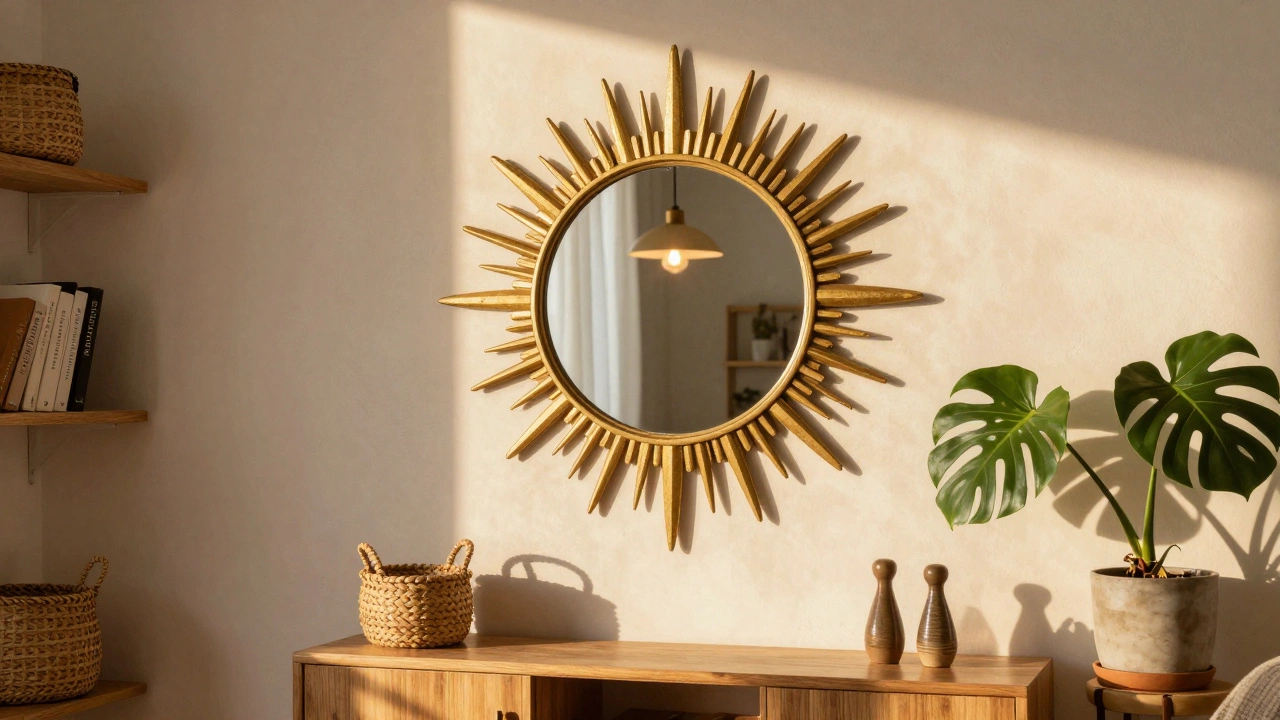 A sunburst mirror above a console, scattering light and complemented by natural textures.