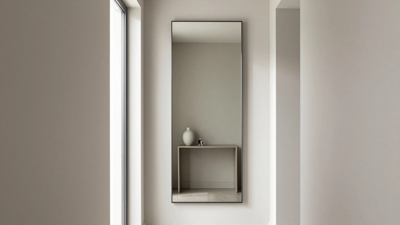 A tall rectangular mirror in a narrow entryway, enhancing height and reflecting a console table.