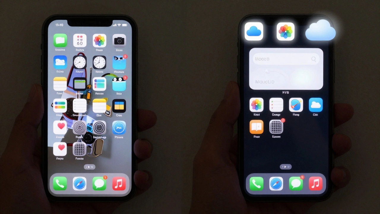 Before and after view of a phone cleaning, with apps reduced and cloud backup icons visible.