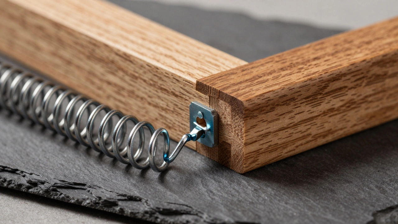 Close up of wooden joint and metal spring components.