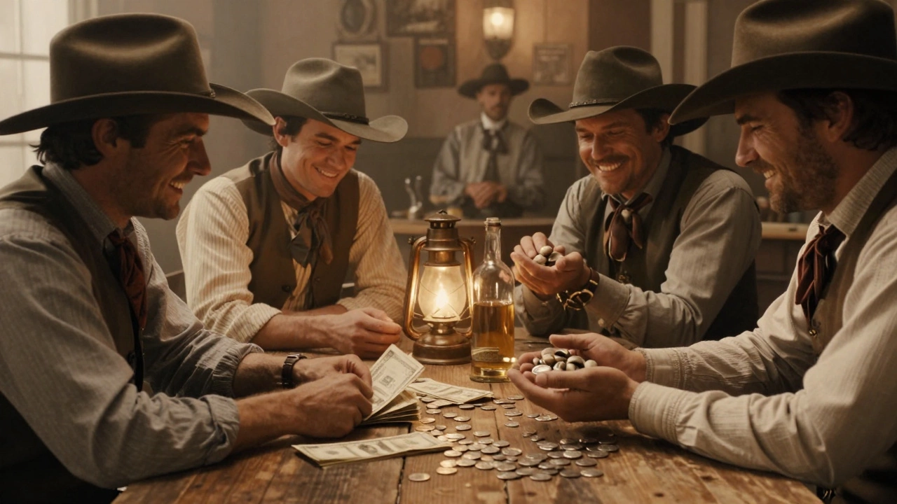 Cowboys celebrate payday in a dusty saloon with coins, bills, and whiskey on a wooden table.