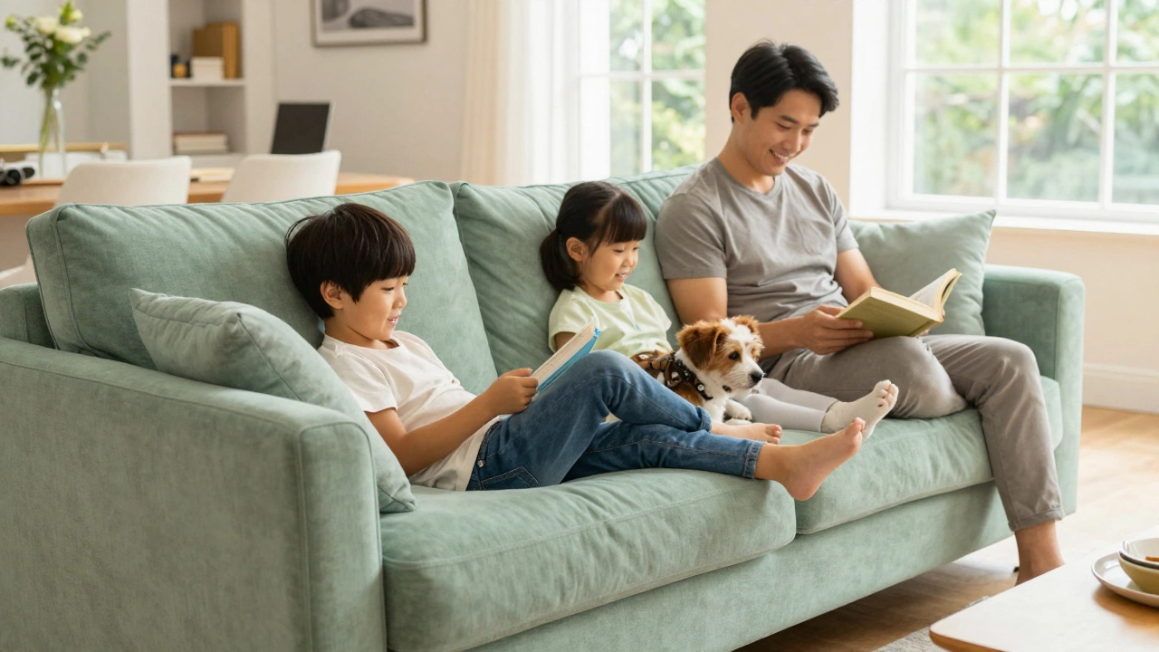 Family relaxing on a durable sofa in bright room.