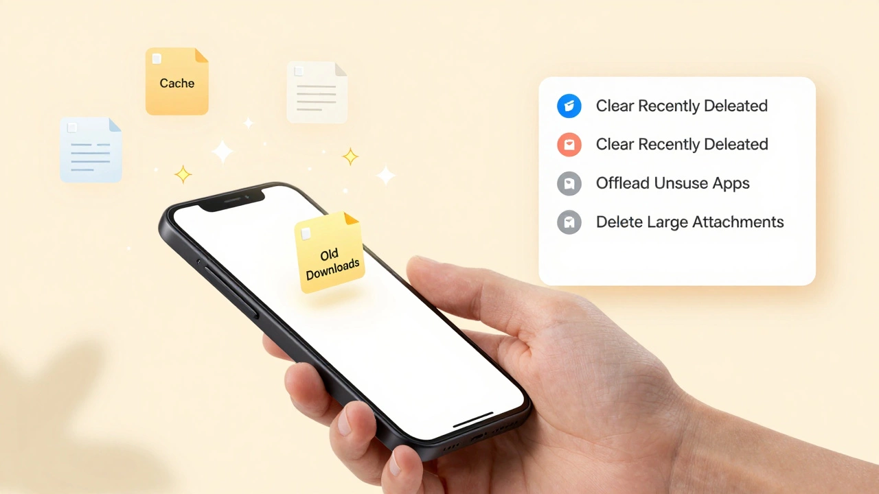 Hand deleting digital clutter from a phone, with dissolving files and a cleaning checklist nearby.