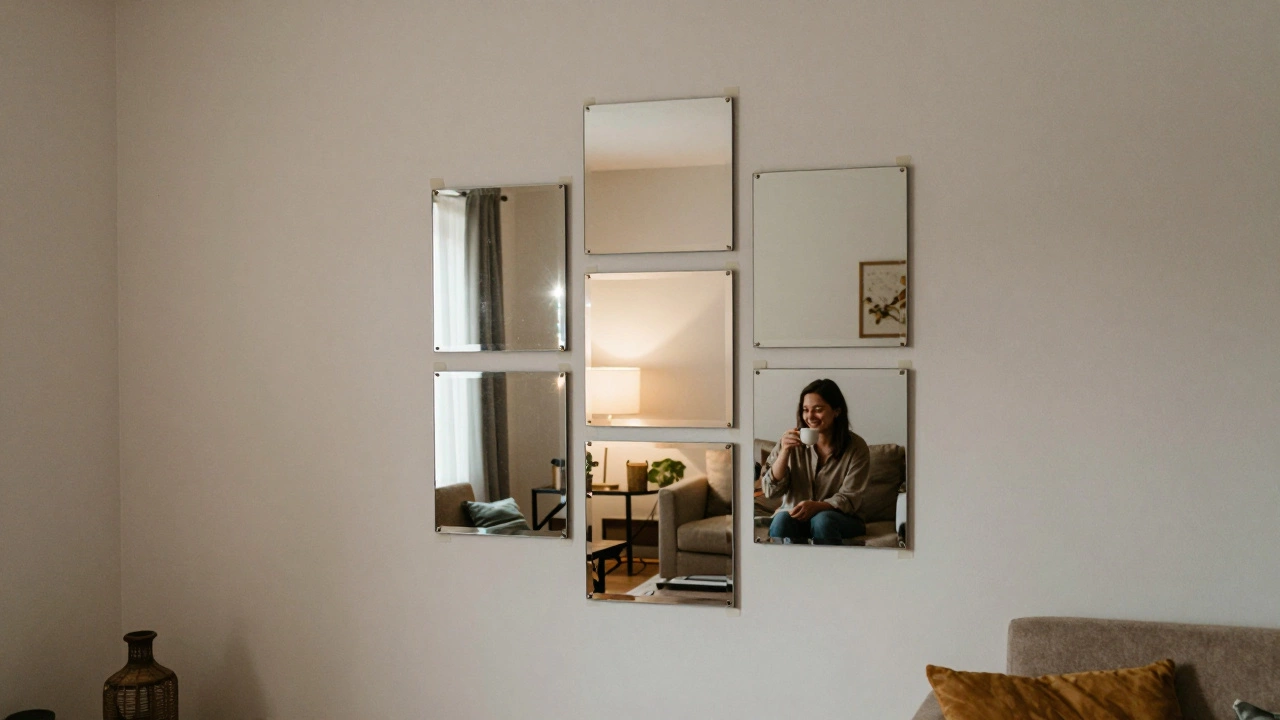Six small mirrors arranged in a chevron pattern on a wall, reflecting warm lamp light in a cozy apartment corner.
