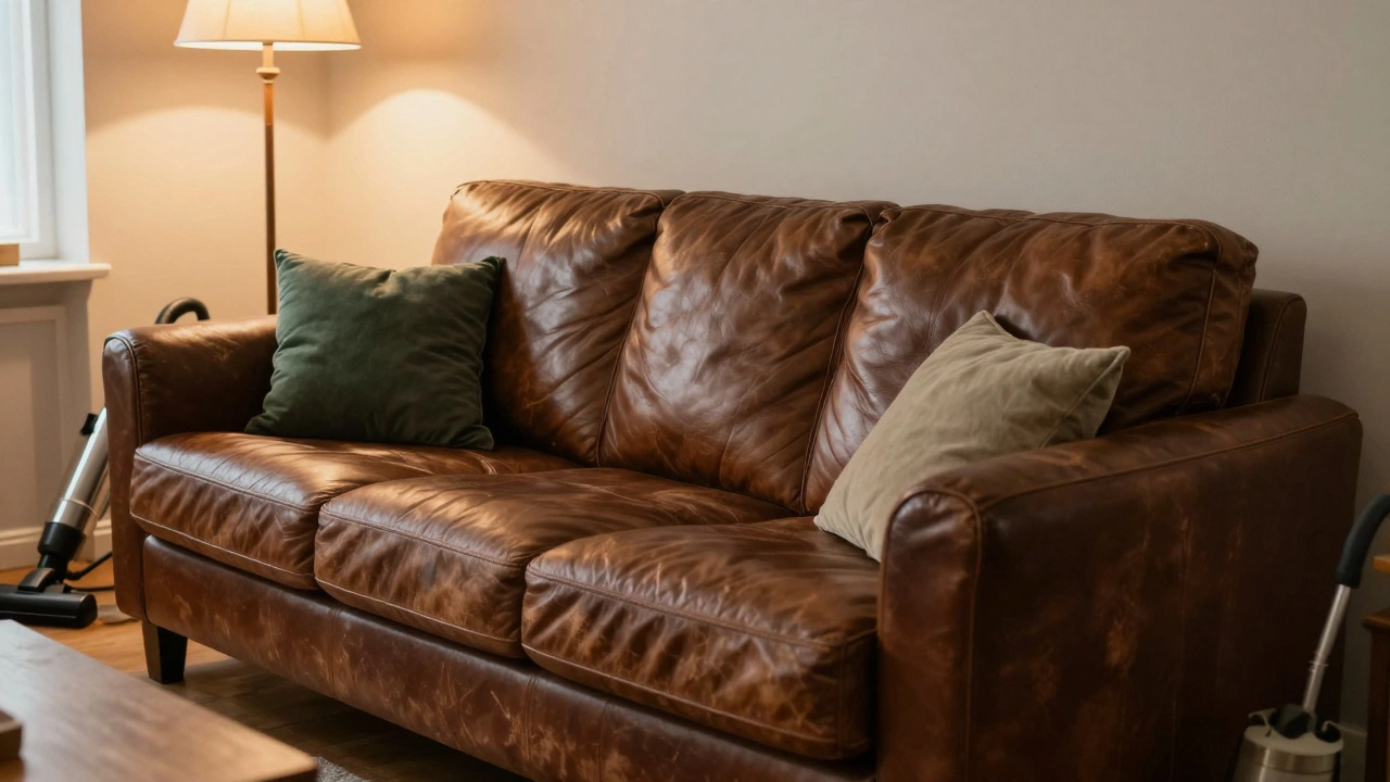 Well maintained leather sofa in cozy living room with warm lighting