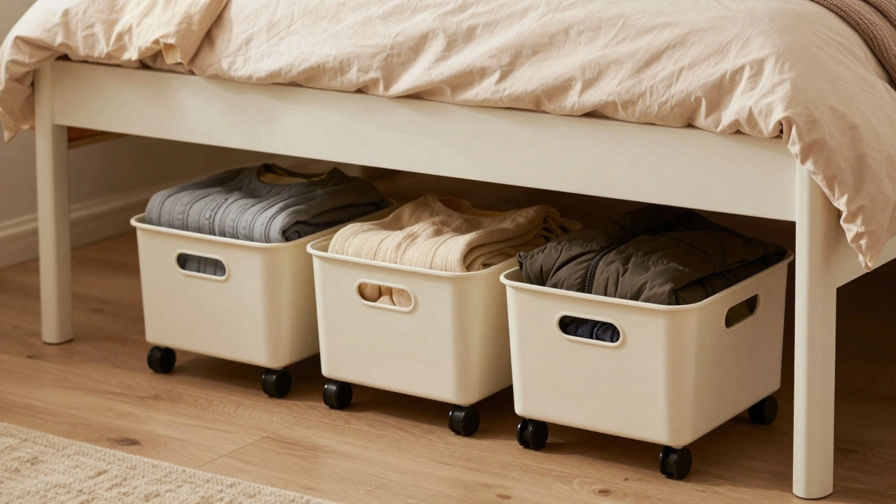 Wheeled bins sliding under a raised bed, storing seasonal clothing.