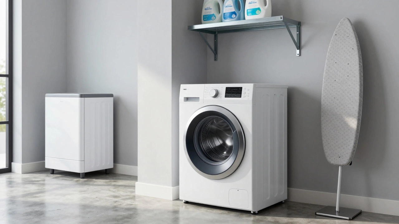 A clean utility room featuring a washing machine, dryer, and industrial shelving.