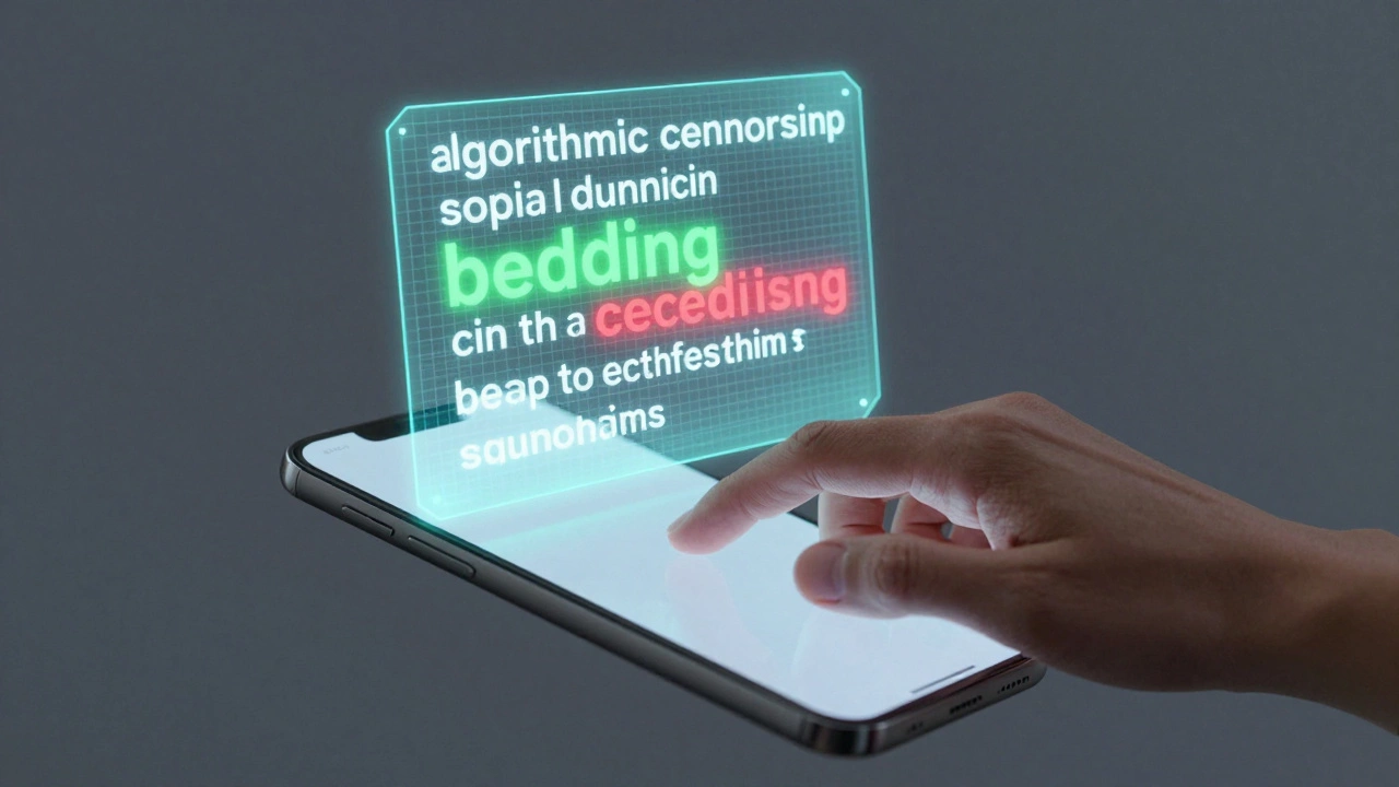 A digital illustration of a hand using a phone and a glowing AI filter scanning text.