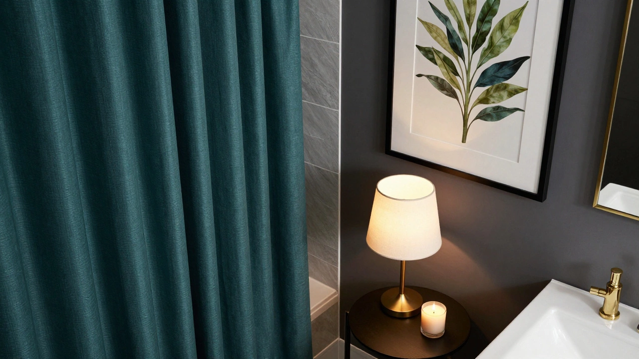 A luxury bathroom featuring a jewel-toned curtain, ambient lamp, and botanical wall art