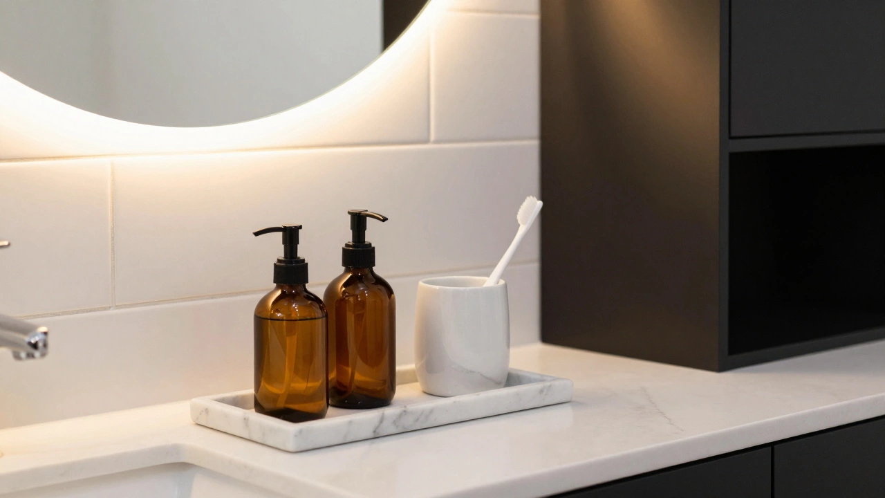 A marble tray with amber glass dispensers and matte black hardware under warm LED lighting
