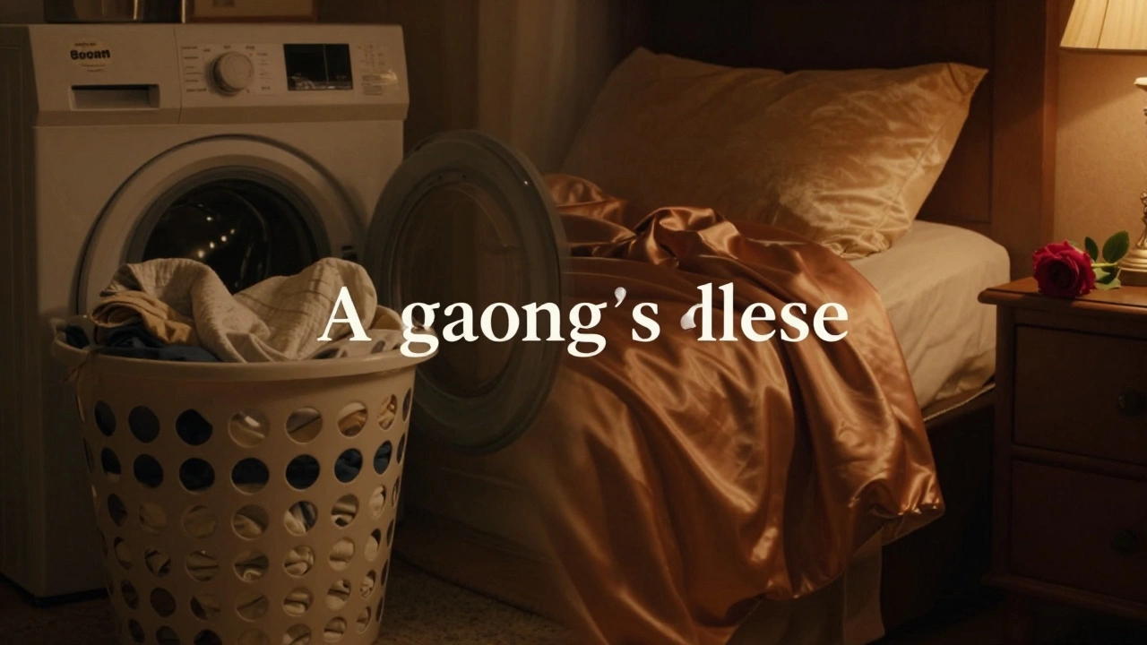 A split scene showing a laundry basket on one side and a romantic bedroom on the other.