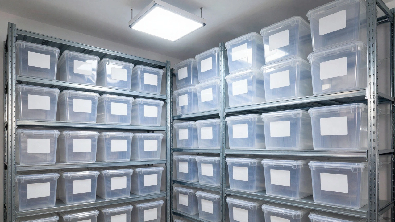 An organized storage room with tall metal shelves and uniform labeled clear bins.