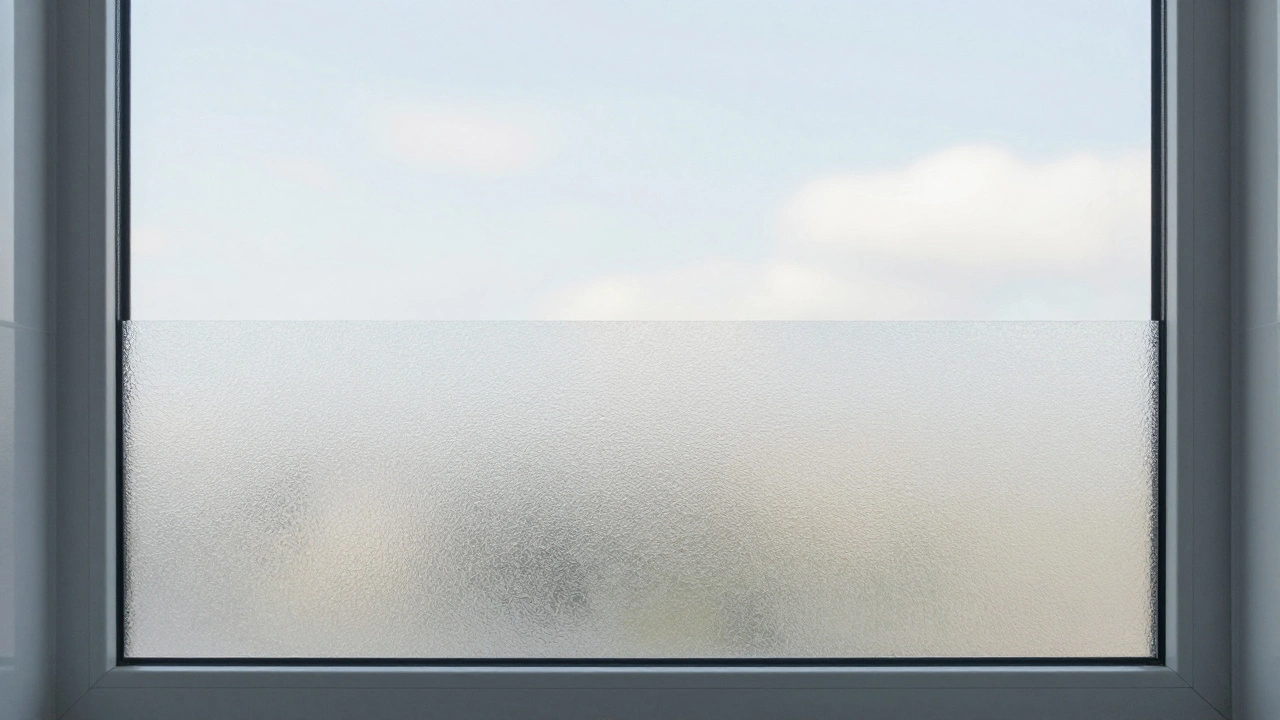 Bathroom window with frosted glass film on the bottom half and clear top