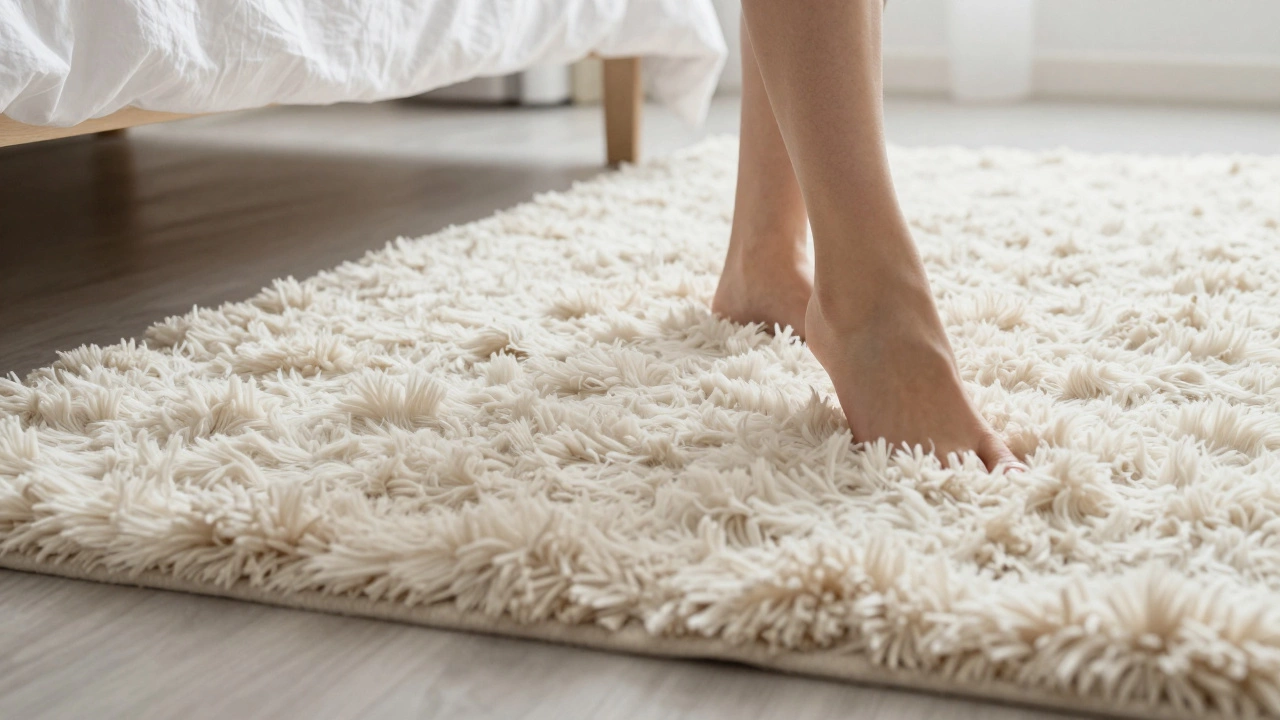 Close-up of soft cream shag rug in a cozy bedroom