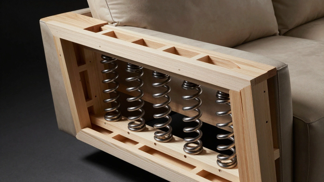 Close-up of steel sinuous springs and kiln-dried hardwood sofa frame