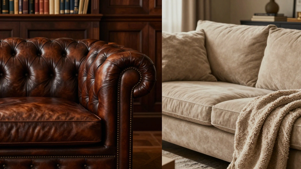 Comparison between a formal brown leather Chesterfield sofa and a cozy beige Lawson sofa.