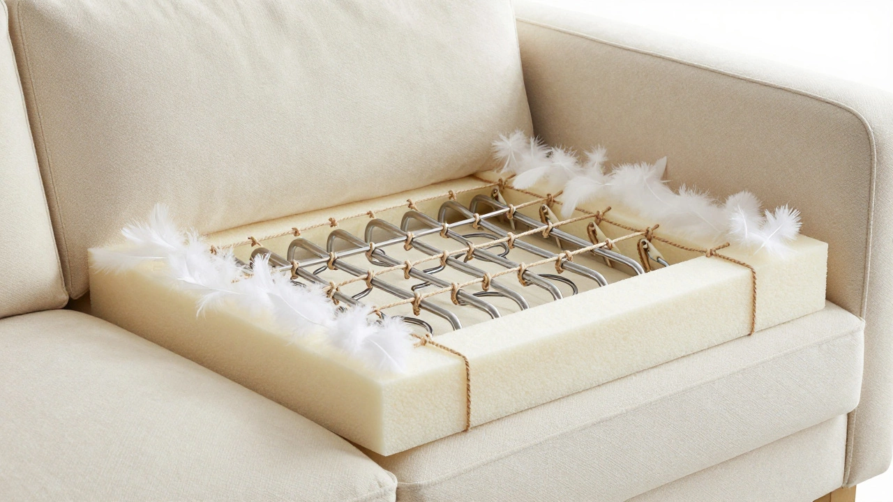 Cross-section of a sofa showing the eight-way hand-tied spring system and foam filling.