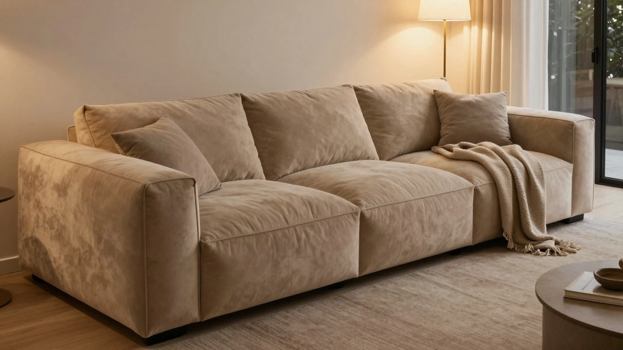Large, plush oatmeal-colored modular sectional sofa in a cozy living room