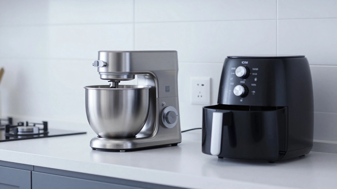 Modern stand mixer and air fryer on a clean kitchen countertop