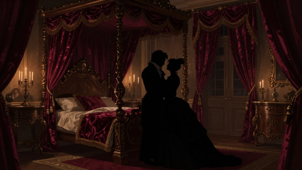 Silhouetted couple in a secretive embrace in an opulent 19th-century bedroom