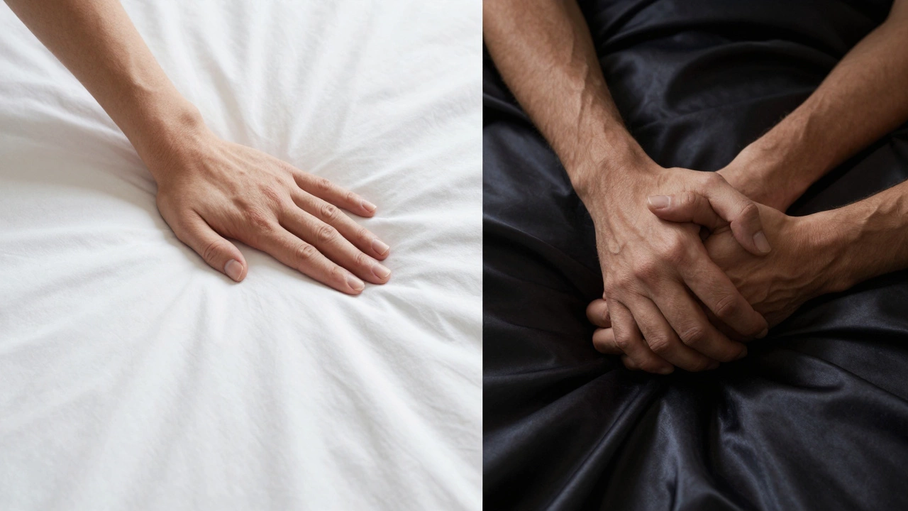 Split screen showing a hand smoothing a bedsheet and two intertwined hands on silk