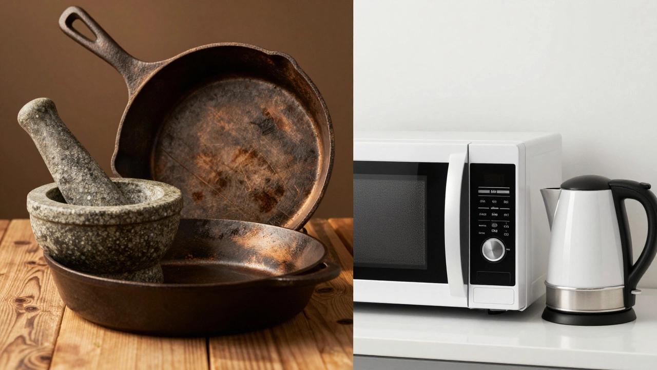 Split view of a cast iron skillet versus a digital microwave