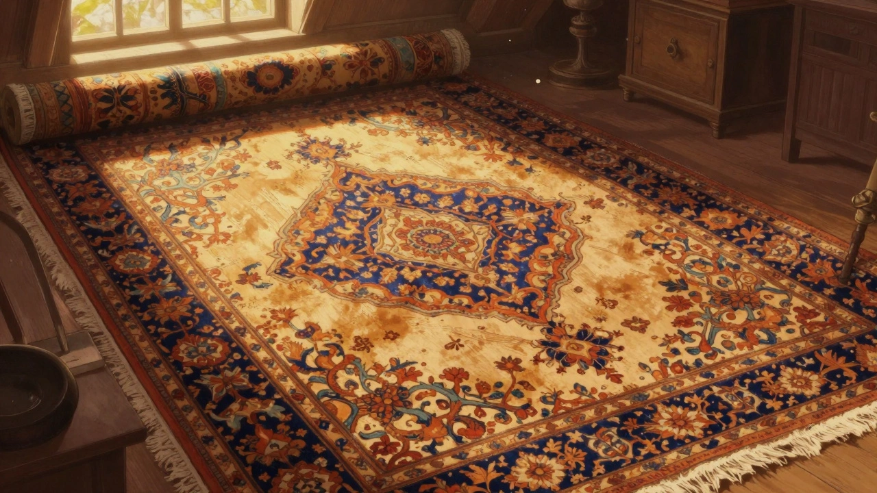 Antique Persian rug with intricate patterns and natural wear