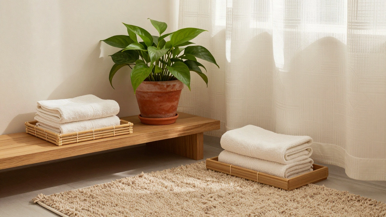 Bathroom corner with potted plant, wooden shelf, and textured rug